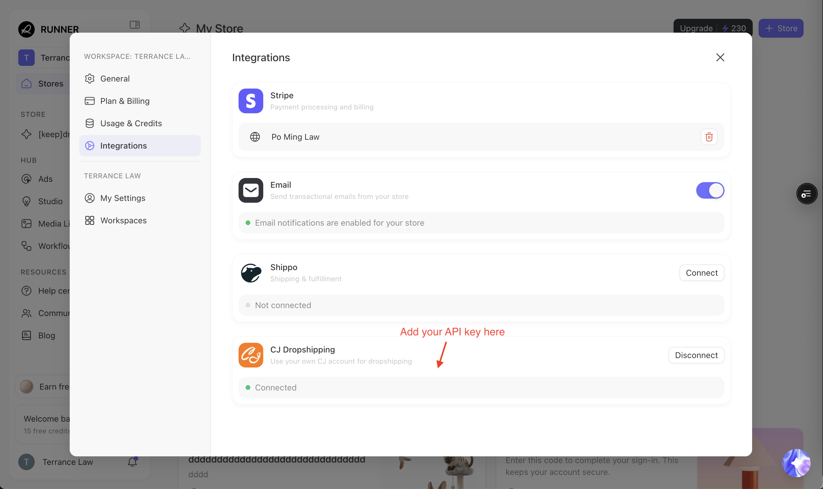 Runner AI Integrations page with CJ Dropshipping connected